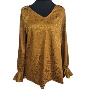 BarIII Leopard Print  Party Top Blouse Long Sleeve Ruffle Cuff V Neck Size  S